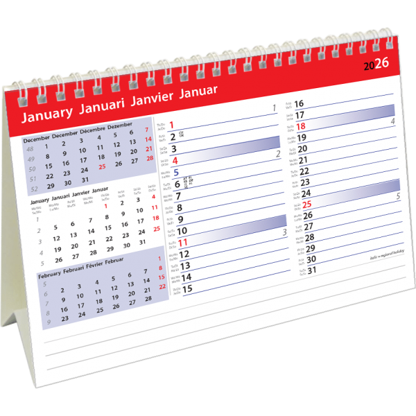 Calendrier de bureau Belgium Memo 2026